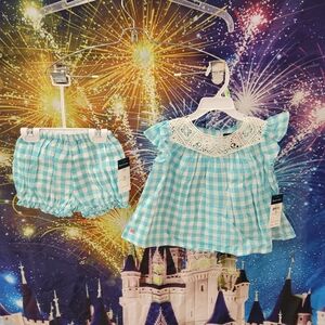 Ralph Lauren Aqua & White Gingham Baby Set with Crochet Detail